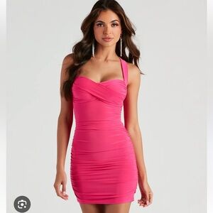 Barbie Cross Your Mind X-Back Hot Pink Ruched Halter Bodycon Short Mini Dress